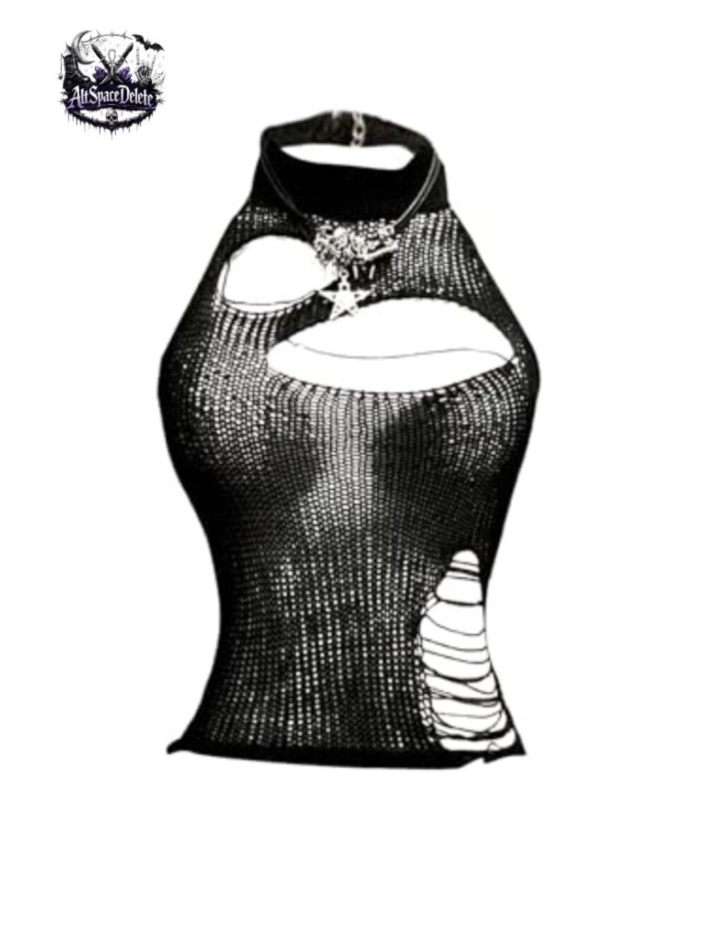 Y2K Goth Punk Ripped Sheer Knit Halter Crop Top